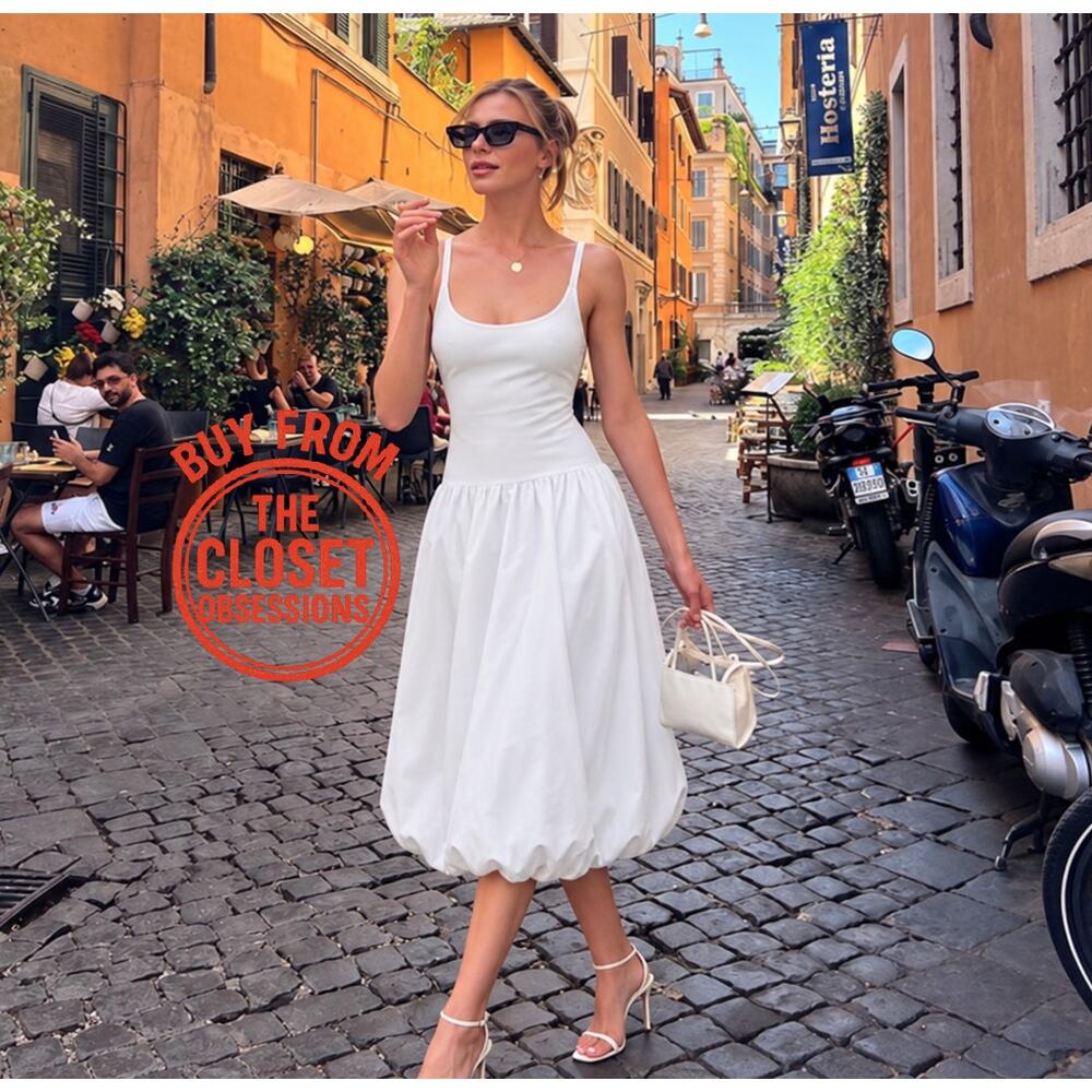 ZARA White Balloon Midi Dress NWT Knit Bodice Cotton Poplin Skirt M - Picture 3 of 16